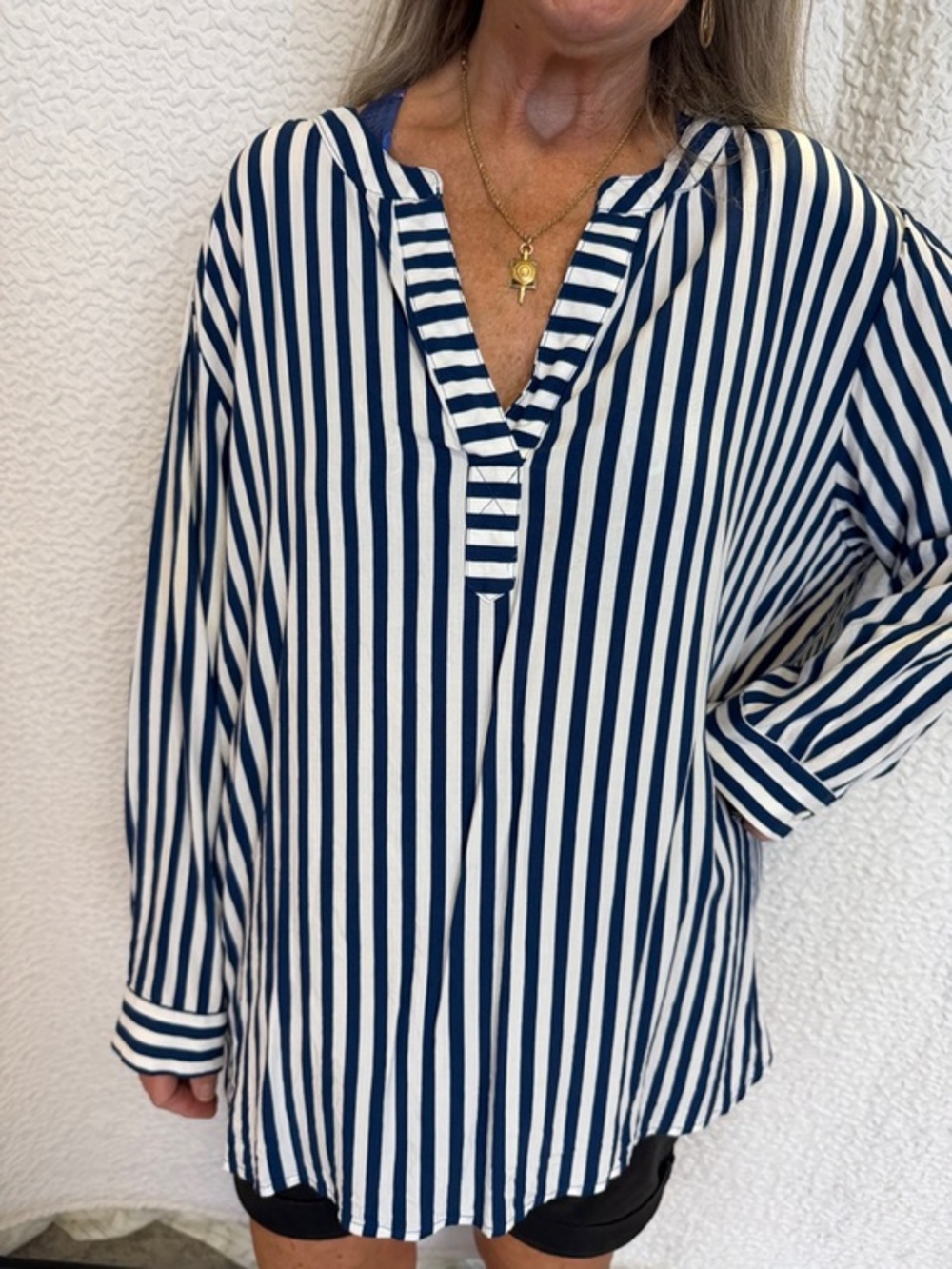 Navy and White Striped Blouse